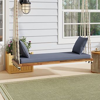 CEWOR Acacia Wood Outdoor Swing Bed with Soft Cushion & 2 Throw Pillows , 63” Extra-Large Seat