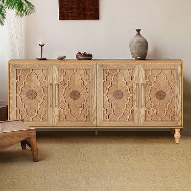Merax Natural Wood Storage Cabinet With Carved Door Design