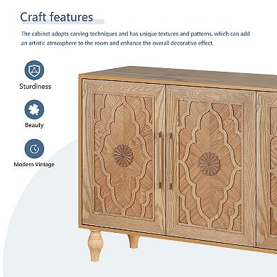 Merax Natural Wood Storage Cabinet With Carved Door Design