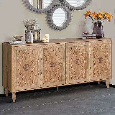 Merax Natural Wood Storage Cabinet With Carved Door Design