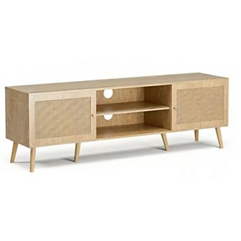 ZUQIETA Boho TV Stand for 65" TVs - Rattan Door, Shelves & 2 Cabinets, Natural Finish