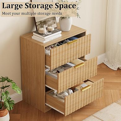 ZUQIETA Fluted Nightstand with 3 Drawers, 30" Tall Modern Wood End Table, Natural Oak