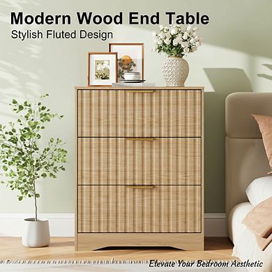ZUQIETA Fluted Nightstand with 3 Drawers, 30" Tall Modern Wood End Table, Natural Oak