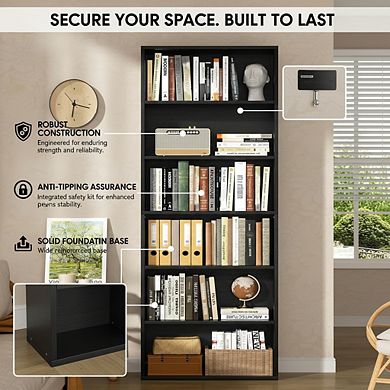 ZUQIETA 70.6" 6-Tier Bookshelf - Open Display Shelves for Home & Office, Black