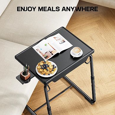 Adjustable Folding TV Tray Table with Cup Holder: 6 Height & 3 Tilt Settings for Couch, Bed or Desk