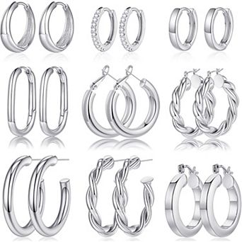 ZUQIETA 9-Pair Chunky Hoop Set - White Gold Plated, Lightweight & Hypoallergenic