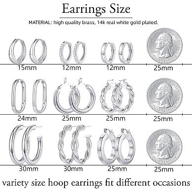 ZUQIETA 9-Pair Chunky Hoop Set - White Gold Plated, Lightweight & Hypoallergenic