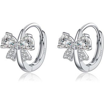 ZUQIETA 925 Sterling Silver Bow Earrings - CZ Huggie Hoops for Women & Teens