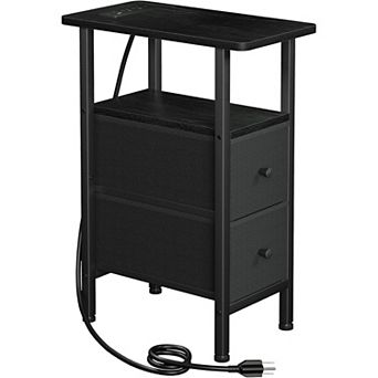 ZUQIETA Narrow End Table with Charging Station&Fabric Drawers-Slim Nightstand for Small Spaces,Black