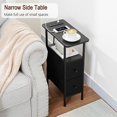 ZUQIETA Narrow End Table with Charging Station&Fabric Drawers-Slim Nightstand for Small Spaces,Black