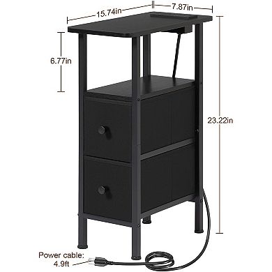 ZUQIETA Narrow End Table with Charging Station&Fabric Drawers-Slim Nightstand for Small Spaces,Black