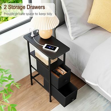 ZUQIETA Narrow End Table with Charging Station&Fabric Drawers-Slim Nightstand for Small Spaces,Black