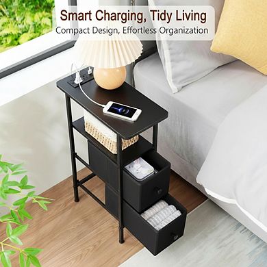 ZUQIETA Narrow End Table with Charging Station&Fabric Drawers-Slim Nightstand for Small Spaces,Black