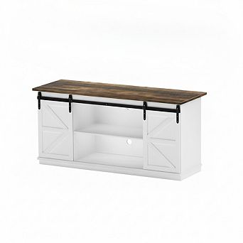 ZUQIETA Farmhouse TV Stand for 65" TVs - Sliding Barn Doors & Storage Cabinets, Milk White