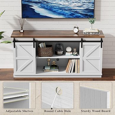 ZUQIETA Farmhouse TV Stand for 65" TVs - Sliding Barn Doors & Storage Cabinets, Milk White