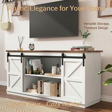 ZUQIETA Farmhouse TV Stand for 65" TVs - Sliding Barn Doors & Storage Cabinets, Milk White
