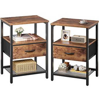 Modern Industrial Nightstand Set with Fabric Drawer and Mesh Shelf: Rustic Brown