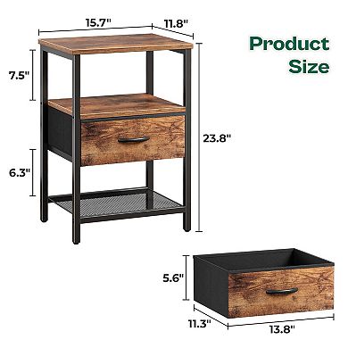 Modern Industrial Nightstand Set with Fabric Drawer and Mesh Shelf: Rustic Brown