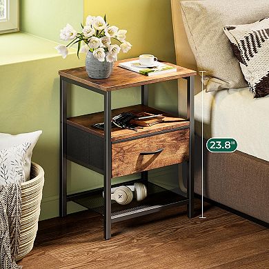 Modern Industrial Nightstand Set with Fabric Drawer and Mesh Shelf: Rustic Brown