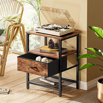Modern Industrial Nightstand Set with Fabric Drawer and Mesh Shelf: Rustic Brown