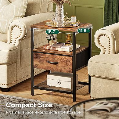 Modern Industrial Nightstand Set with Fabric Drawer and Mesh Shelf: Rustic Brown