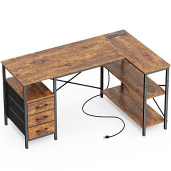 L Shaped Desk with Power Outlets & 3 Drawers for Gaming or Home Office, Rustic Brown