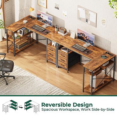 L Shaped Desk with Power Outlets & 3 Drawers for Gaming or Home Office, Rustic Brown