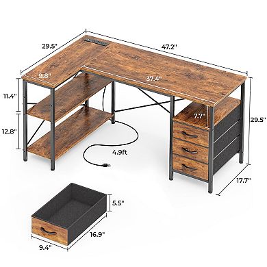 L Shaped Desk with Power Outlets & 3 Drawers for Gaming or Home Office, Rustic Brown