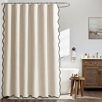 Beige Scalloped Shower Curtain with Black Border: Heavy Duty, Washable, Waterproof, Neutral