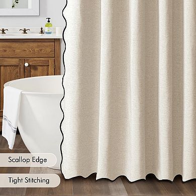 Beige Scalloped Shower Curtain with Black Border: Heavy Duty, Washable, Waterproof, Neutral