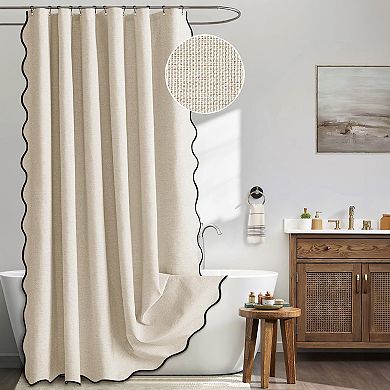 Beige Scalloped Shower Curtain with Black Border: Heavy Duty, Washable, Waterproof, Neutral