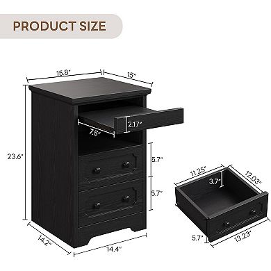ZUQIETA Nightstand Set of 2 with Pull-Out Tray, 2 Drawers & Shelf, Black Bedside Table