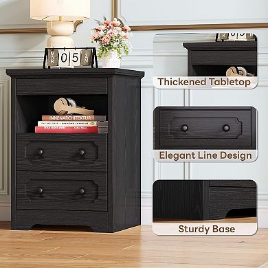 ZUQIETA Nightstand Set of 2 with Pull-Out Tray, 2 Drawers & Shelf, Black Bedside Table