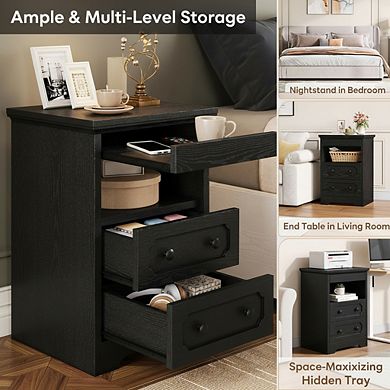 ZUQIETA Nightstand Set of 2 with Pull-Out Tray, 2 Drawers & Shelf, Black Bedside Table