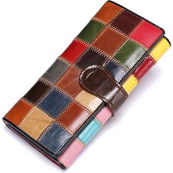 Genuine Leather Multicolor Patchwork Wallet for Women - 11 Cards, 3 ID Slots, 4 Check