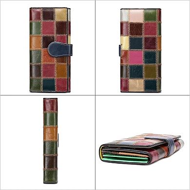 Genuine Leather Multicolor Patchwork Wallet for Women - 11 Cards, 3 ID Slots, 4 Check