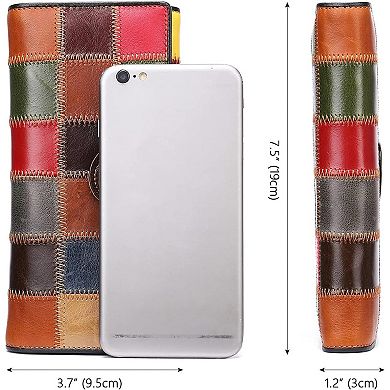 Genuine Leather Multicolor Patchwork Wallet for Women - 11 Cards, 3 ID Slots, 4 Check