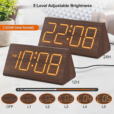 Wooden Digital Alarm Clock: Large Numbers, USB Port, Adjustable Volume, Dimmer, Snooze, DST, Wood