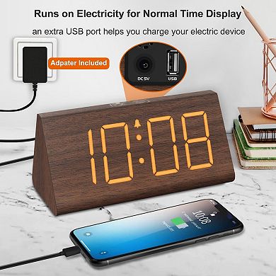 Wooden Digital Alarm Clock: Large Numbers, USB Port, Adjustable Volume, Dimmer, Snooze, DST, Wood