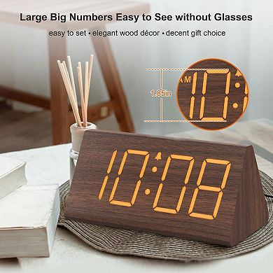 Wooden Digital Alarm Clock: Large Numbers, USB Port, Adjustable Volume, Dimmer, Snooze, DST, Wood