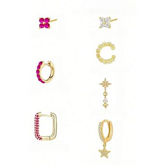 ZUQIETA 7 pc Single Ear Jewelry Set - 14K Gold CZ & Gemstone Huggies for Curated Stacks