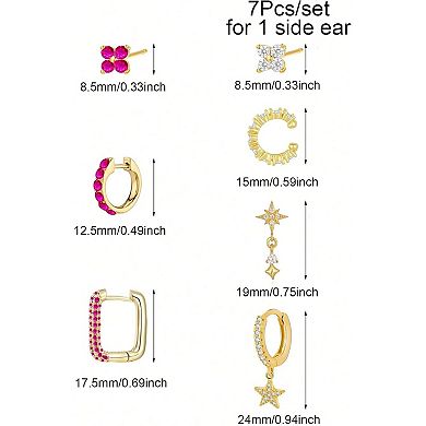 ZUQIETA 7-Pcs Single Ear Jewelry Set - 14K Gold CZ & Gemstone Huggies for Curated Stacks