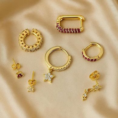 ZUQIETA 7-Pcs Single Ear Jewelry Set - 14K Gold CZ & Gemstone Huggies for Curated Stacks