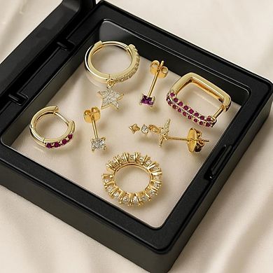 ZUQIETA 7-Pcs Single Ear Jewelry Set - 14K Gold CZ & Gemstone Huggies for Curated Stacks