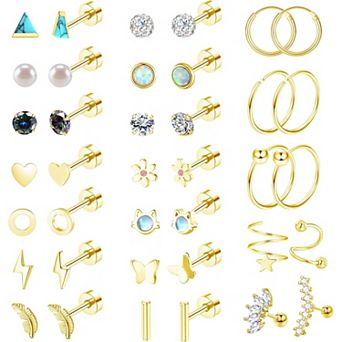 ZUQIETA 18-Pair Hypoallergenic Earrings - 20g Stainless Steel Flat Back Studs for Cartilage