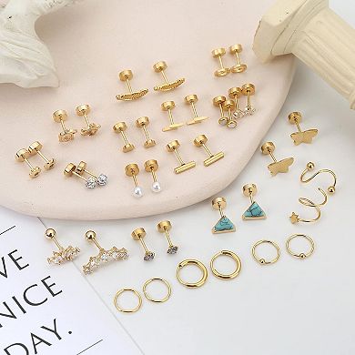 ZUQIETA 18-Pair Hypoallergenic Earrings - 20g Stainless Steel Flat Back Studs for Cartilage