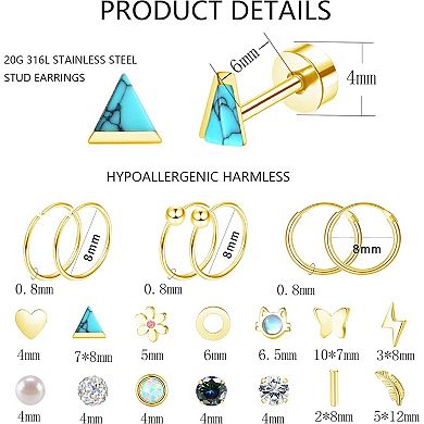 ZUQIETA 18-Pair Hypoallergenic Earrings - 20g Stainless Steel Flat Back Studs for Cartilage