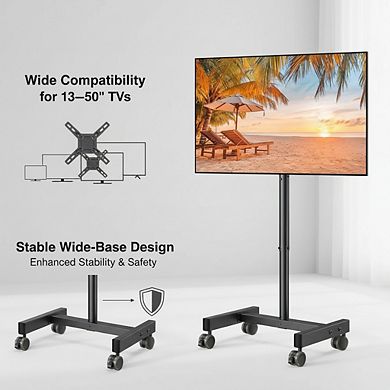 ZUQIETA Compact Mobile TV Cart - 30° Tilt & Height Adjustable for 13-50” Screens/Monitors