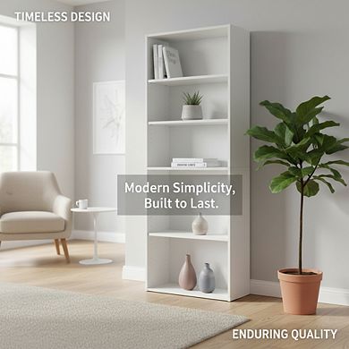 ZUQIETA Beginnings 5-Shelf Bookcase - Adjustable Shelves in Soft White for Versatile Storage