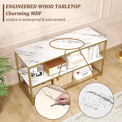 ZUQIETA 50" Modern TV Stand with Marble Top & Gold Base - 3-Tier Media Console